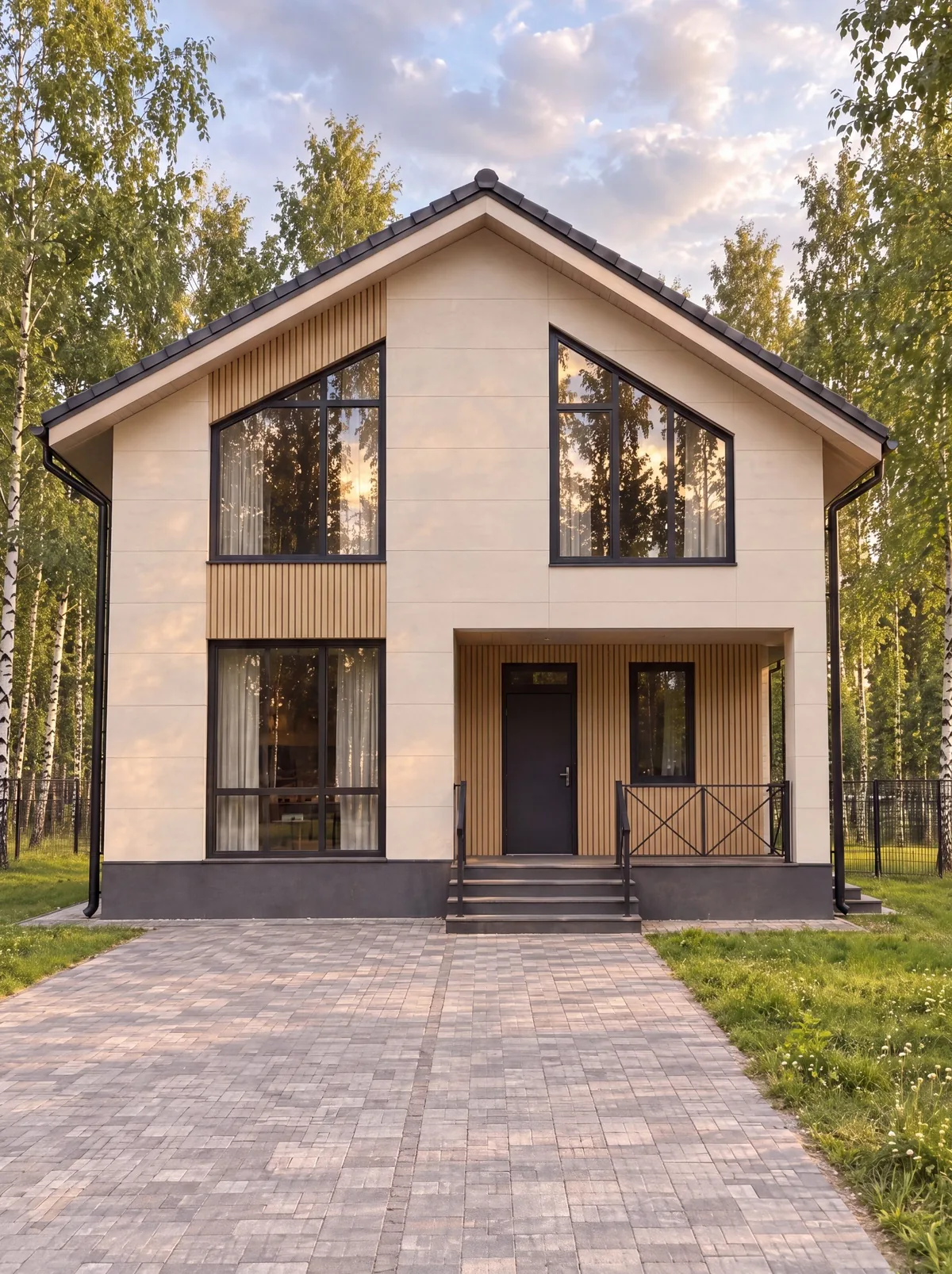 Фронтальный фасад дома днём: крыльцо и мощёная дорожка